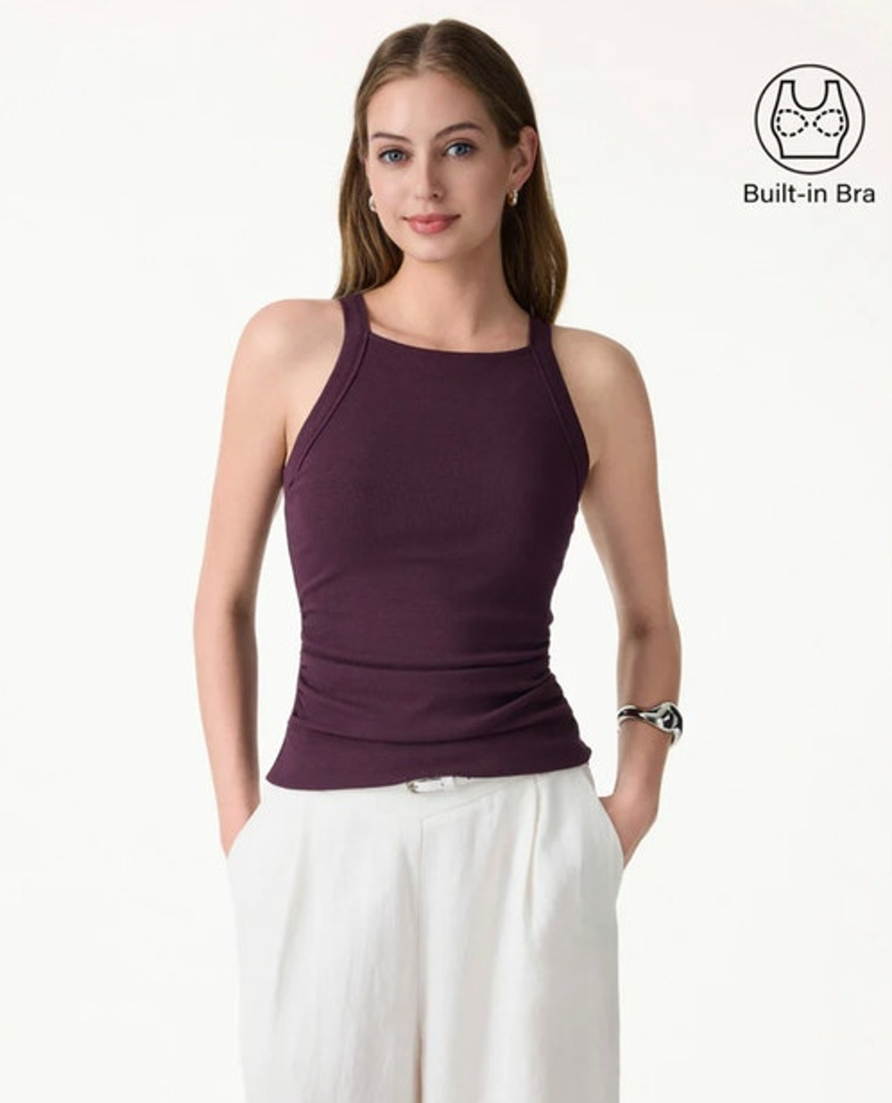 OGL Top Size 2XL Plantive Chic Square Neck Ruched Rib Bra Tank NEW Purple Fig